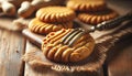 Closeup of peanut butter cookies with fork marks, rustic wooden table Royalty Free Stock Photo