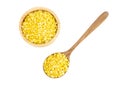 Closeup peeled mung bean in wooden bowl on white background, healthy food concept