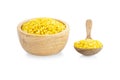 Closeup peeled mung bean in wooden bowl on white background, healthy food concept