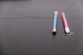 Closeup of pencil eraser on wooden table, soft focus. Mistake erase concept. correct or erase past errors Royalty Free Stock Photo