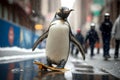 Close-Up a Penguin Skateboarding in New York. Generative AI Royalty Free Stock Photo