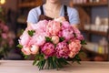 Ai, AI Generated. Closeup peony Bouquet on florist workplace. large bunch of Flowers with ribbons. Small floral business, shop