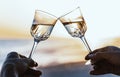 Closeup of people clinking two glasses of white wine under the sunlight with a blurry background Royalty Free Stock Photo