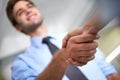 Closeup of people, handshake and business deal for teamwork, thank you and sales agreement of partnership. Hiring