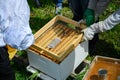 Closeup of people installing a wooden frame on a beehive.