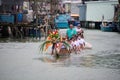 Closeup of people riding dragon boats at the Dragon Boat Festival in Tai O, Hong Kong Royalty Free Stock Photo