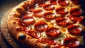 A closeup of a pepperoni pizza with a golden crispy crust and melted cheese Royalty Free Stock Photo