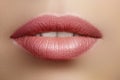 Closeup perfect natural lip makeup. Beautiful plump full lips on female face. Clean skin, fresh make-up. Spa tender lips