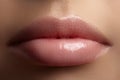 Closeup perfect natural lip makeup. Beautiful plump full lips on female face. Clean skin, fresh make-up. Spa tender lips Royalty Free Stock Photo