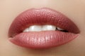 Closeup perfect natural lip makeup. Beautiful plump full lips on female face. Clean skin, fresh make-up. Spa tender lips