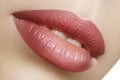 Closeup perfect natural lip makeup. Beautiful plump full lips on female face. Clean skin, fresh make-up. Spa tender lips