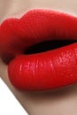 Closeup perfect natural lip makeup. Beautiful plump full lips on female face. Clean skin, fresh make-up. Spa tender lips Royalty Free Stock Photo