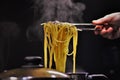 Closeup of a person holding hot pasta with a spaghetti tong with a dark blurry background Royalty Free Stock Photo