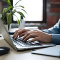 Closeup person typing on computer keyboard, professional workspace