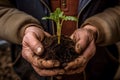 Closeup of the person's hands holding a green plant, AI-generated.