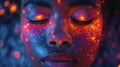 A closeup of a persons face with closed eyes surrounded by colorful dreamlike imagery representing the exploration of