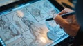 Closeup of a persons hand holding a tablet with a stylus as they use it to sketch out ideas for a new game. On the