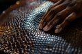 closeup of persons hand touching handbag texture