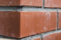 Closeup perspective view of a red brick wall, selective focus