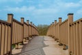 Closeup perspective of wooden footbridge with trees and partly c