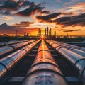 A closeup of a petrochemical pipeline network at sunset emphasizing the vast and interconnected nature of the industry