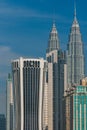 Closeup of Petronas Towers and Tabung Haji Tower (Menera). Kuala Lumpur, Malaysia Royalty Free Stock Photo