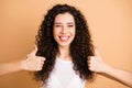 Closeup photo of amazing business lady raising both thumbs up toothy beaming smiling advising novelty wear white casual Royalty Free Stock Photo