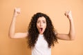 Closeup photo of amazing wavy lady raising hands fists crazy screaming football team supporting wear white casual outfit