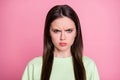 Closeup photo of attractive offended lady straight long hairdo look moody facial expression annoyed wear casual green