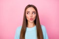 Closeup photo of attractive pretty lady sending air kisses boyfriend look side empty space shy person wear knitted blue Royalty Free Stock Photo