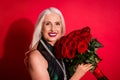 Closeup photo of attractive retired white haired lady luxury rich person hold big bunch roses joyful present surprise Royalty Free Stock Photo