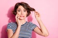 Closeup photo of attractive shocked staring lady hold hand short hairdo curl worried open mouth oh no wear casual white