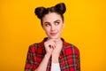 Closeup photo of attractive student lady two cute buns look side empty space intelligent dreamer arm on chin wear casual Royalty Free Stock Photo