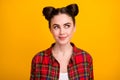 Closeup photo of attractive student lady two cute buns look side empty space intelligent dreamer girl wear casual Royalty Free Stock Photo