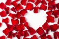 Closeup photo of background made of rose flower petals and heart shape with blank empty space Royalty Free Stock Photo