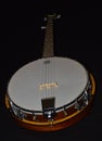 Brown and white banjo on a black background