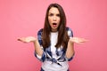 Closeup photo of beautiful attractive shocked amazed surprised young woman with open mouth wearing casual clothes Royalty Free Stock Photo