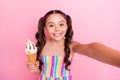 Closeup photo of beautiful funny little lady two long tails hold big cone gelato cream make selfies popular children