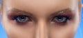 Closeup photo beautiful girl grey eyes. Blue background. Evening