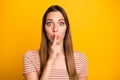 Closeup photo of beautiful lady holding index finger on lips eyes full of fear asking friend keep silence wear casual Royalty Free Stock Photo