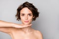 Closeup photo of beautiful naked lady bobbed short hairstyle look mirror reflection hold hand under chin good operation