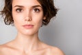 Closeup photo of beautiful naked lady bobbed short hairstyle perfection concept not smiling nude makeup visage 