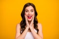 Closeup photo of beautiful pretty lady open mouth arms on cheeks positive good mood long brunette hairdo surprised wear Royalty Free Stock Photo