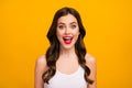 Closeup photo of beautiful pretty lady open mouth positive good mood long brunette hairdo surprised wear white tank-top Royalty Free Stock Photo