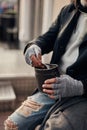 Closeup photo of beggar hands getting money Royalty Free Stock Photo