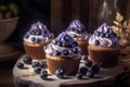 Closeup photo of blueberry cupcakes with fruits. Generate ai