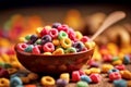 Closeup photo of a bowl of muesli, multi-colored cereals, healthy food. Generative AI Royalty Free Stock Photo