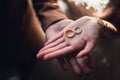 Closeup photo of bride and groom holding golden wedding rings on hands Royalty Free Stock Photo