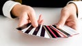 Closeup image of businesswoman holding big stack of credit cards in hands Royalty Free Stock Photo