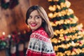 Closeup photo cadre of young excited positive dreamy lady wear old ugly red sweater reindeer ornament interested saint Royalty Free Stock Photo